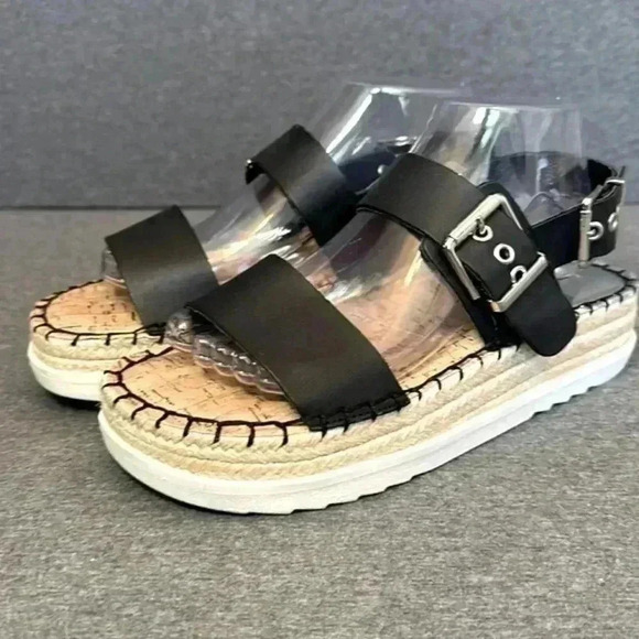 MTNG Wedge Sandal Black Strap Faux Leather Espadrille Cork Soles Women 40-9/9.5 - Picture 3 of 12